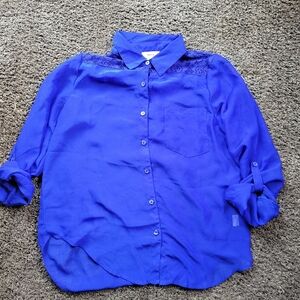 Royal Blue Sheet Top From PacSun Sheer Long Sleeve Collar Woman's Small